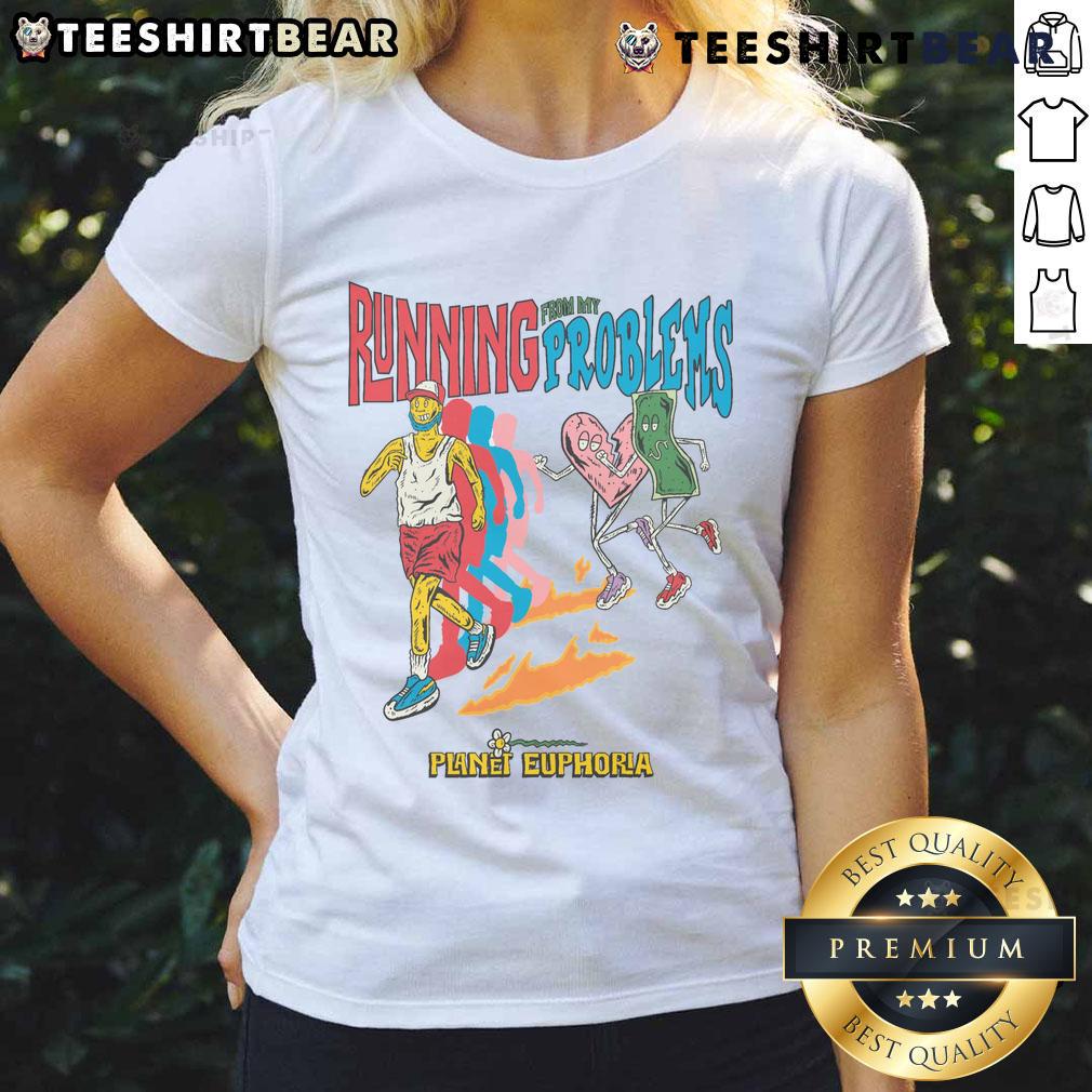 Funny Running From My Problems Retro Sport Ladies Tee featuring a playful design in vibrant colors, perfect for casual wear.