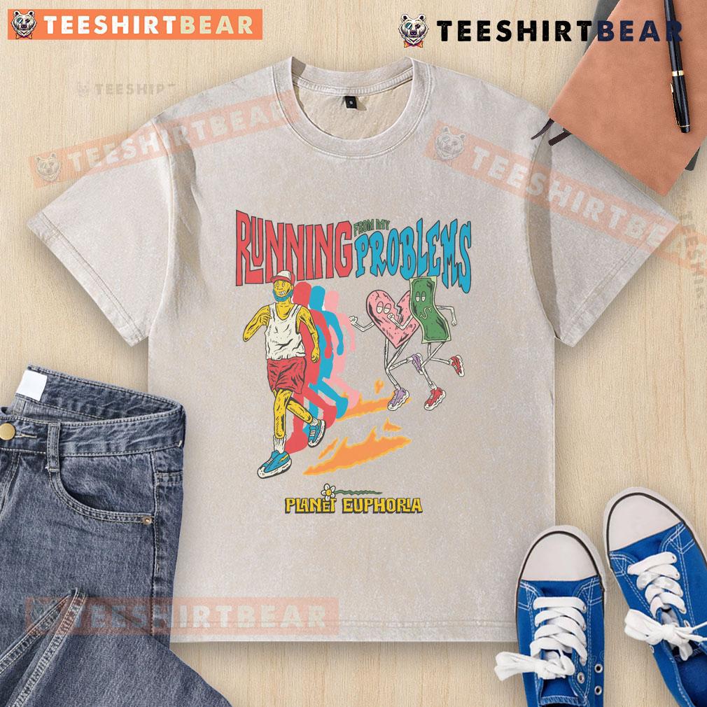 Funny running from my problems retro sport washed t-shirt design featuring a playful graphic and vibrant colors.