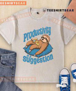 Funny sloth graphic on a washed t-shirt with the text Productivity is a suggestion for a humorous, relaxed vibe.