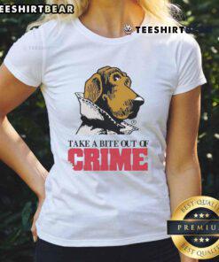 Funny Take A Bite Out Of Crime Ladies Tee featuring a playful design and vibrant colors, perfect for crime-themed apparel.
