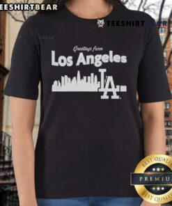 Alt Text: Los Angeles Dodgers skyline ladies tee featuring vibrant graphics and stylish design for Dodgers fans.