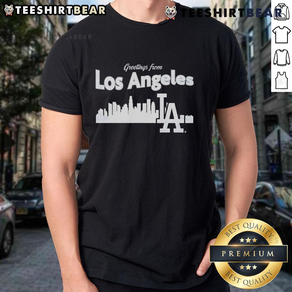 Good Greetings From Los Angeles Dodgers Skyline T-Shirt featuring iconic LA skyline and Dodgers logo in vibrant colors.