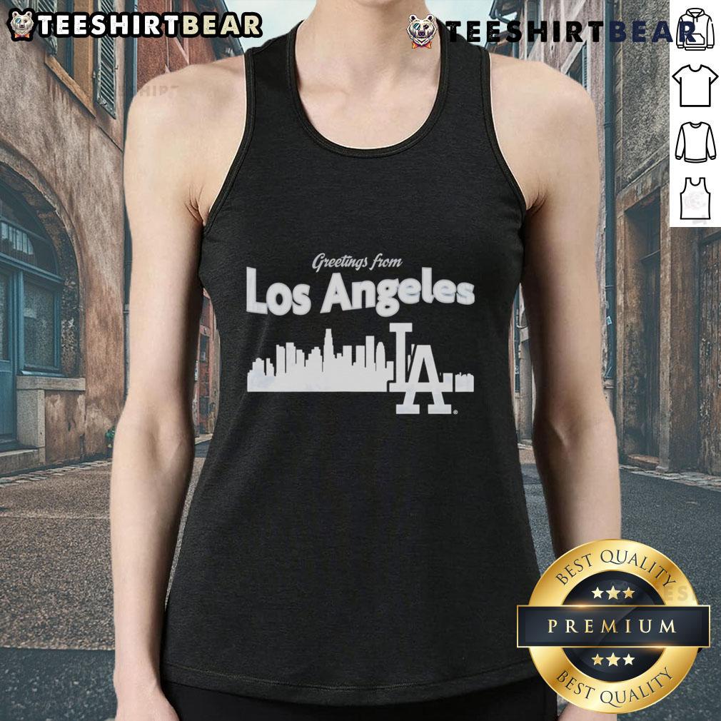 Good Greetings from Los Angeles Dodgers Skyline Tank Top featuring a vibrant city skyline and Dodgers logo design.