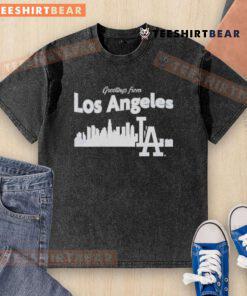 Good Greetings from Los Angeles Dodgers Skyline Washed T-Shirt featuring a vibrant Dodgers logo and city skyline design.