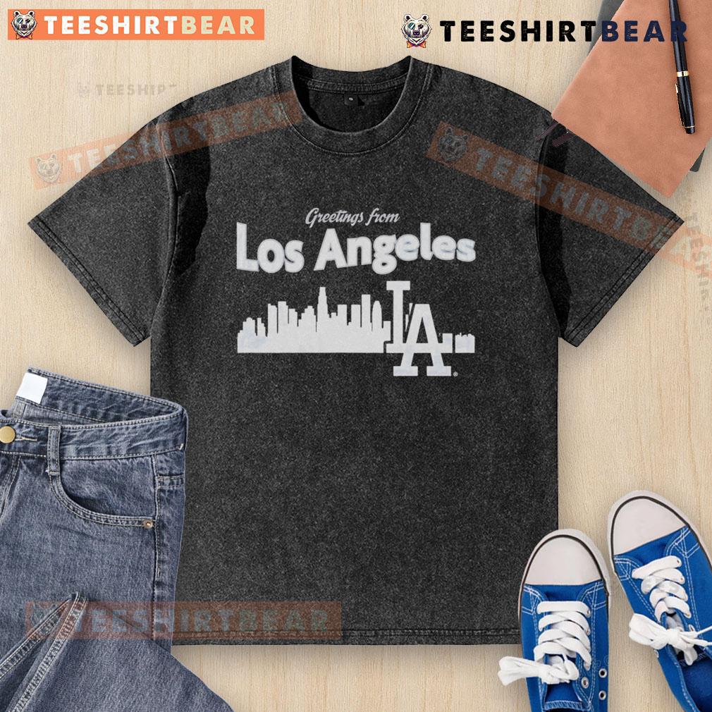 Good Greetings from Los Angeles Dodgers Skyline Washed T-Shirt featuring a vibrant Dodgers logo and city skyline design.
