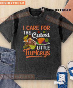 Cute 'Good I Care For The Cutest Little Turkeys' washed t-shirt featuring colorful turkey graphics for fall fashion.