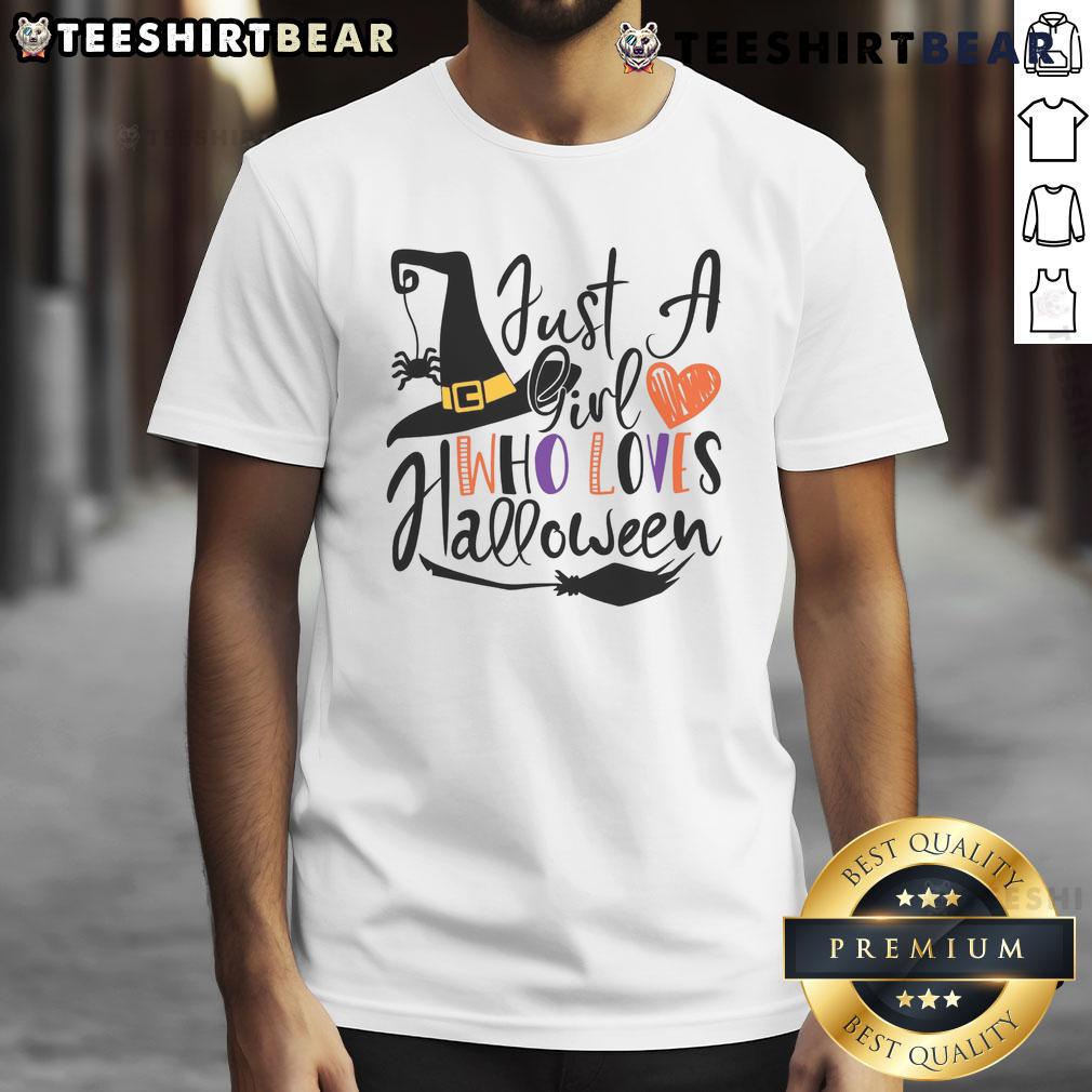 Good Just A Girl Who Loves Halloween T-Shirt featuring a fun design perfect for Halloween enthusiasts.