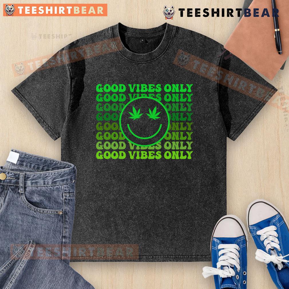 Good Vibes Only Weed Smoke Washed T-Shirt featuring a relaxed fit and vibrant graphic design for cannabis enthusiasts.