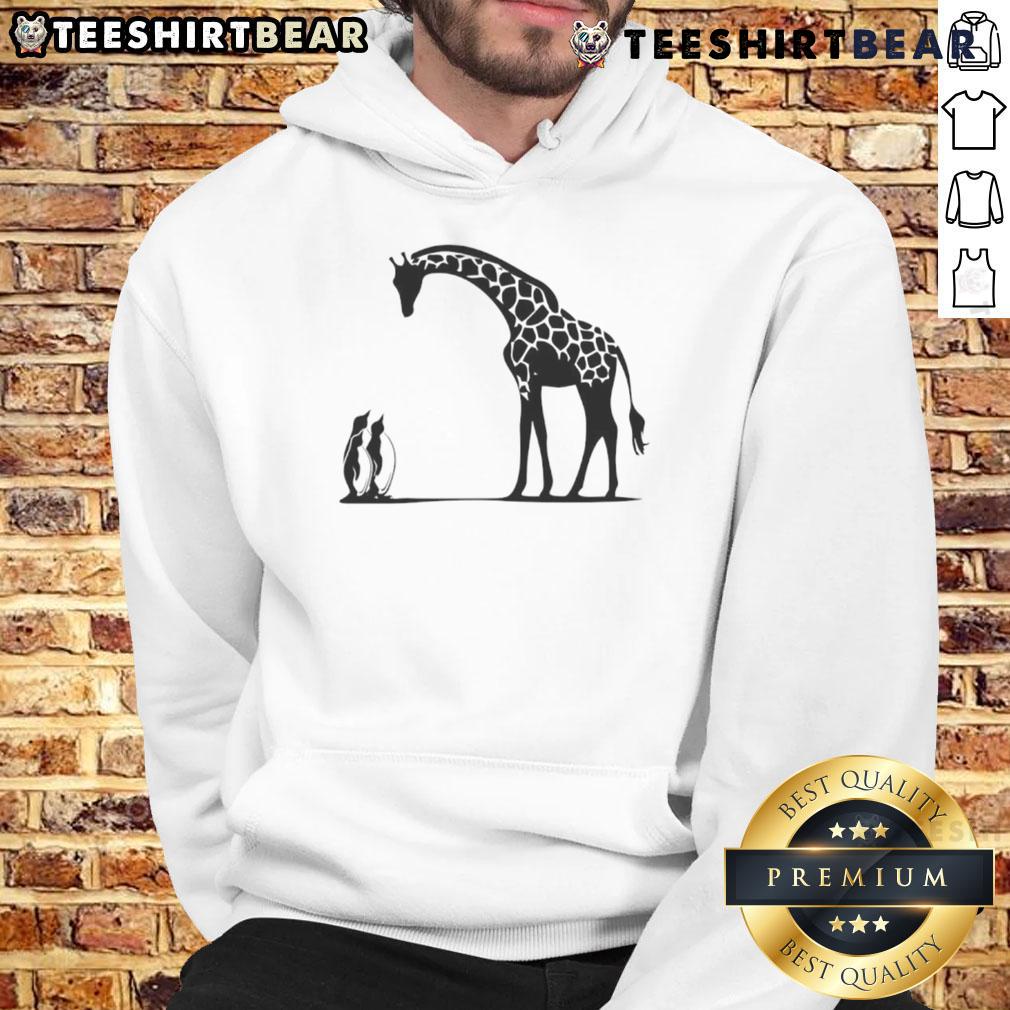 Happy penguin and giraffe design on 'Tall and Small' hoodie, perfect for cozy and fun winter fashion.