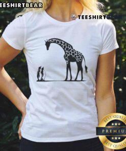 Happy penguin and giraffe graphic on a tall and small ladies tee, perfect for animal lovers and casual wear.
