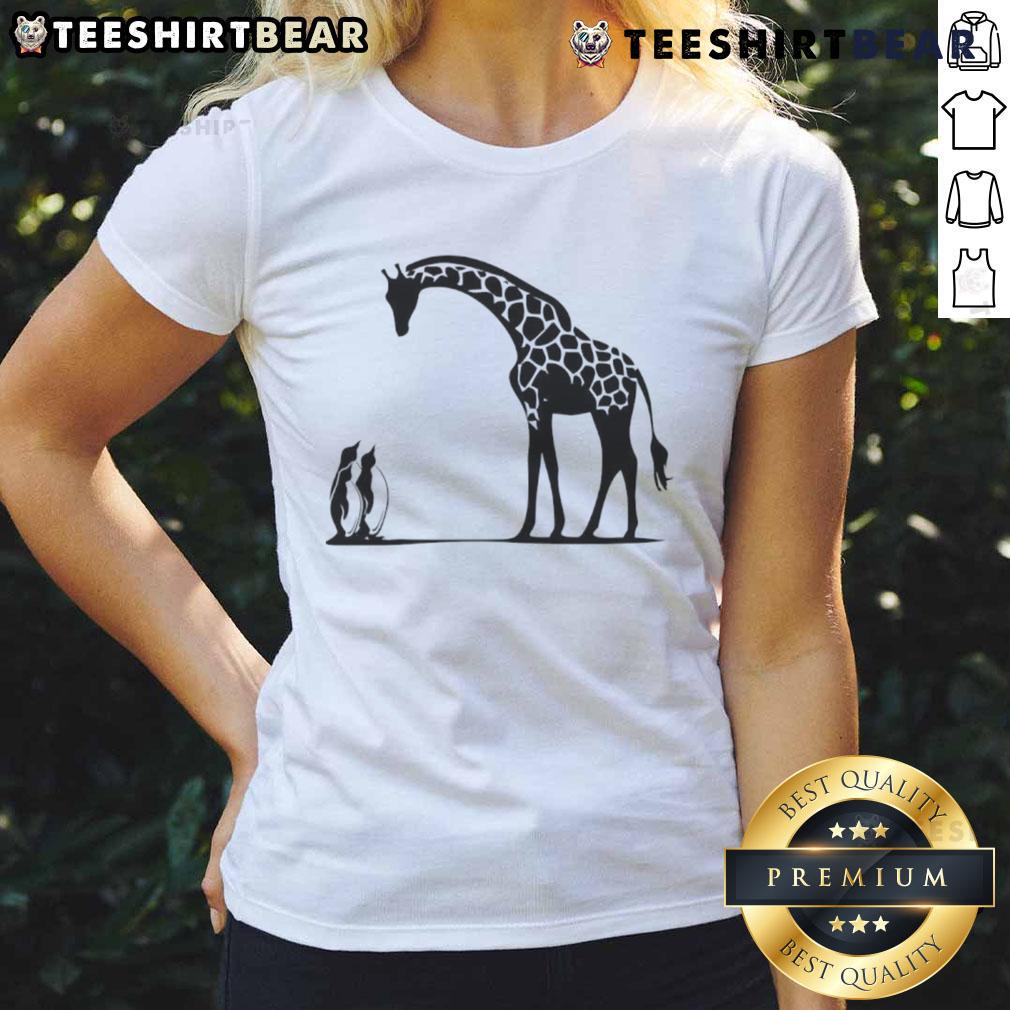Happy penguin and giraffe graphic on a tall and small ladies tee, perfect for animal lovers and casual wear.