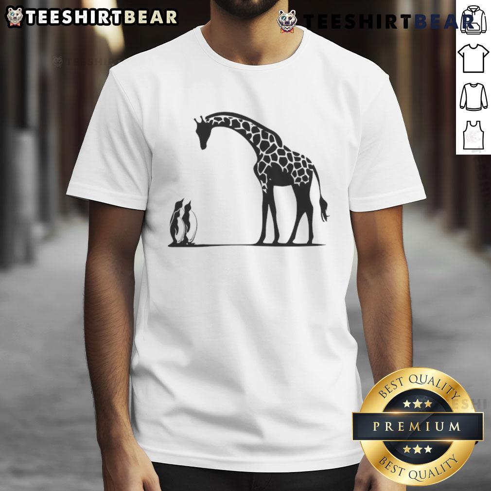 Alt Text: Happy Penguin and Giraffe Tall and Small T-Shirt featuring colorful cartoon designs for kids and animal lovers.