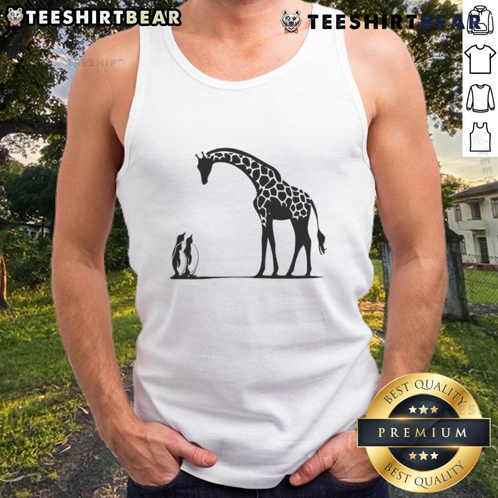 Alt Text: Happy penguin and giraffe graphic on Tall and Small tank top, perfect for fun and playful summer outfits.