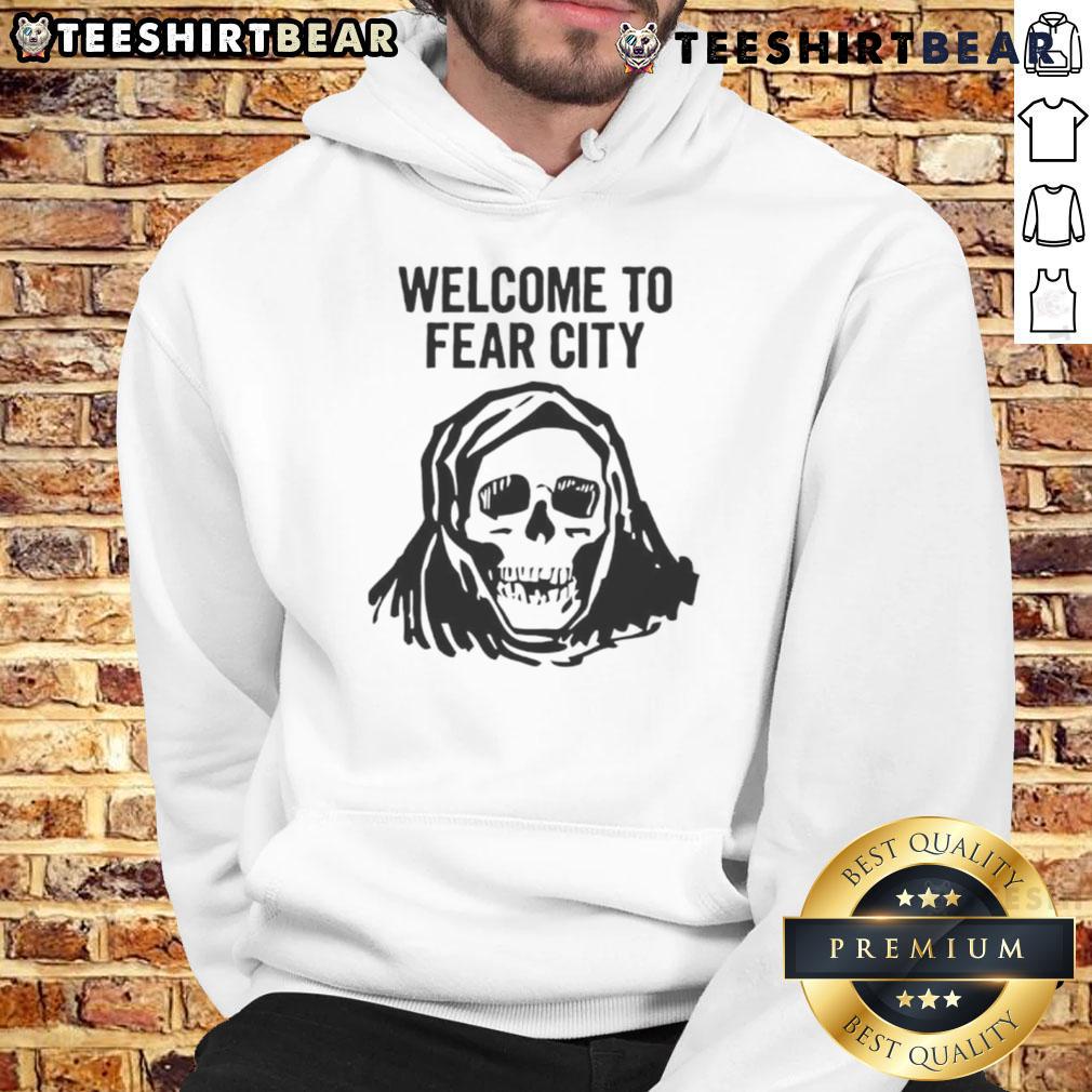 Alt Text: Happy Skull Welcome to Fear City Hoodie featuring a vibrant skull design on a cozy, stylish hoodie.