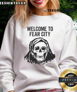 Happy Skull Welcome to Fear City Sweatshirt featuring a playful skull design, perfect for Halloween and casual wear.