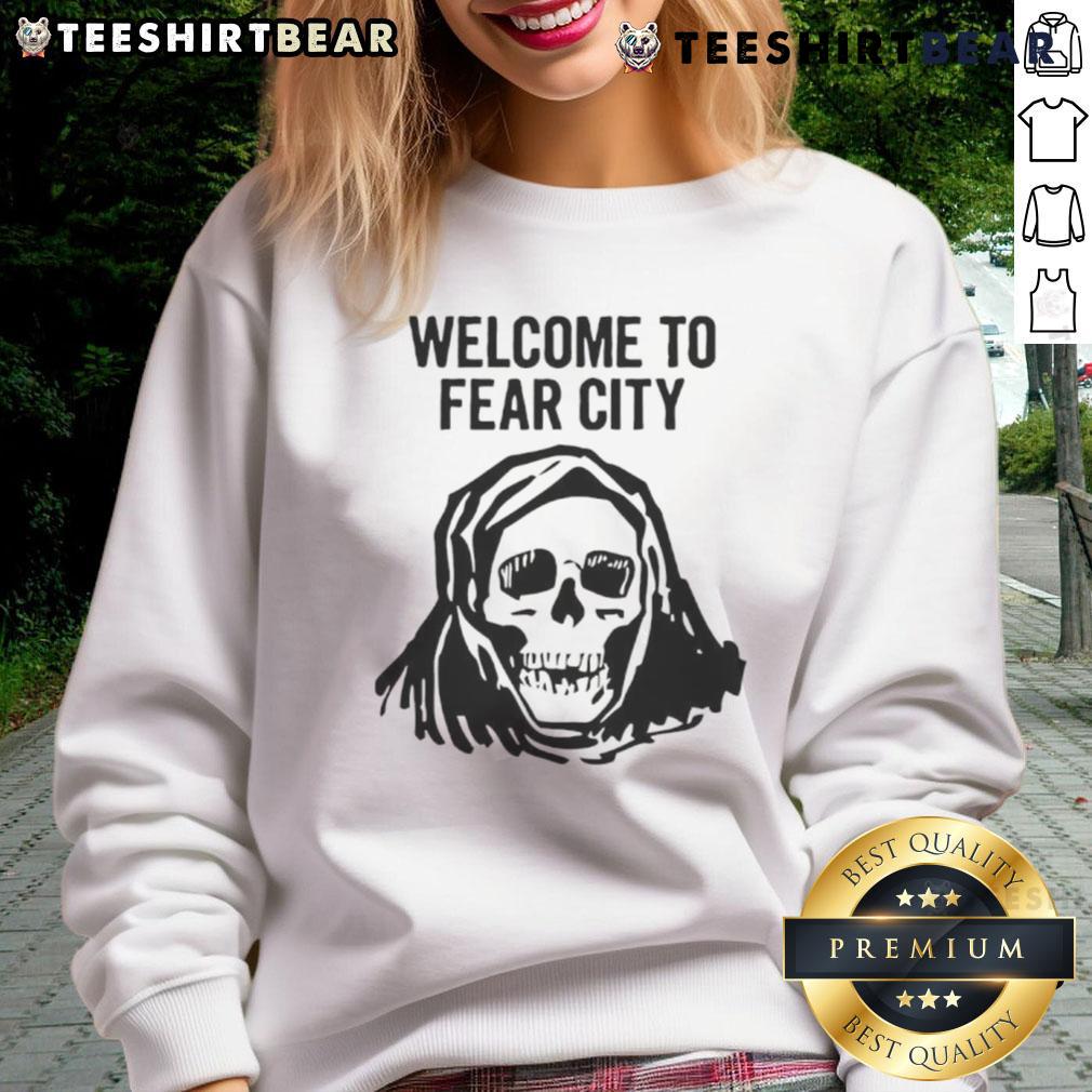 Happy Skull Welcome to Fear City Sweatshirt featuring a playful skull design, perfect for Halloween and casual wear.