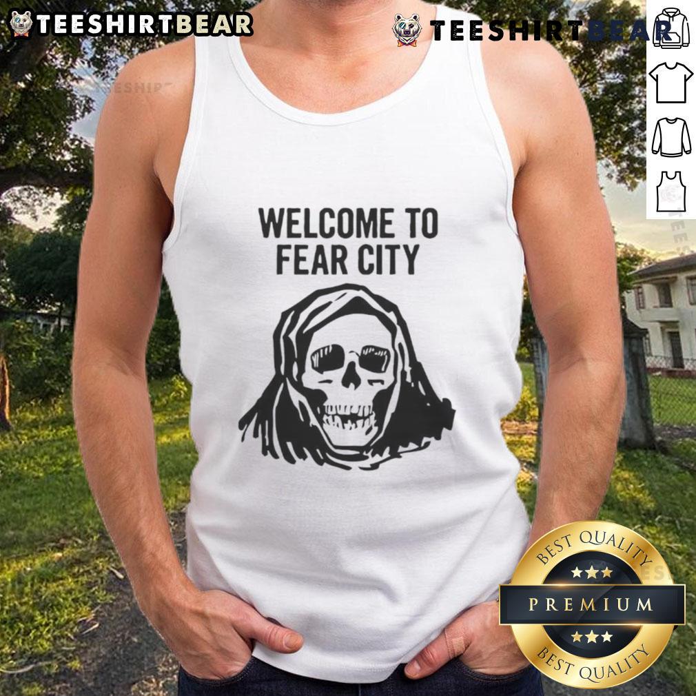 Happy Skull graphic on a tank top, featuring 'Welcome to Fear City' for a fun, edgy summer look.
