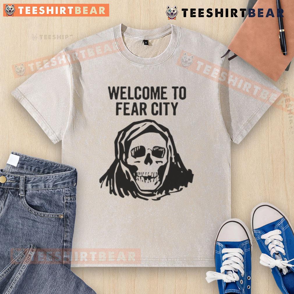 Happy Skull graphic on a washed t-shirt, perfect for welcoming visitors to Fear City.