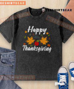 Happy Thanksgiving washed t-shirt featuring festive graphics and warm colors, perfect for holiday celebrations.