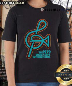 Alt Text: Happy The 1979 Drum Corps International New Ladies Tee featuring vibrant colors and stylish design for fans.