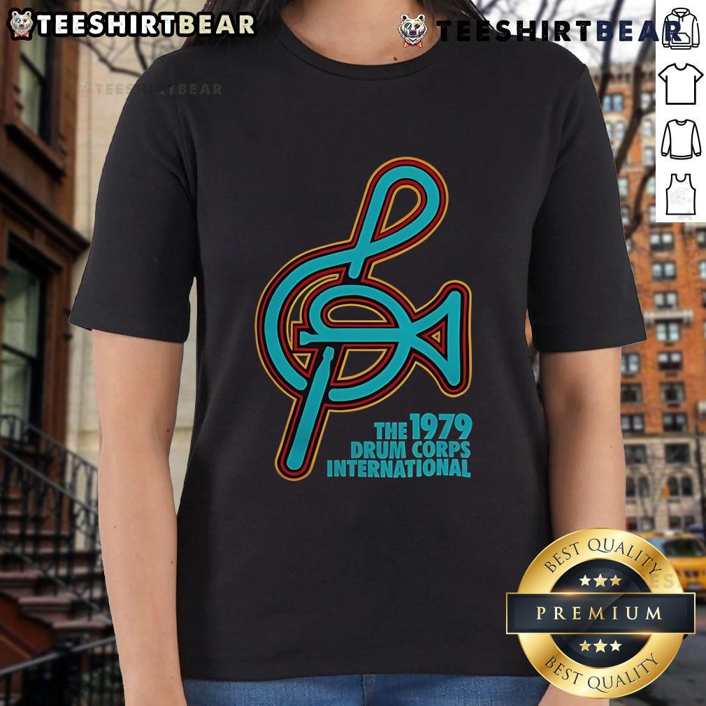Alt Text: Happy The 1979 Drum Corps International New Ladies Tee featuring vibrant colors and stylish design for fans.