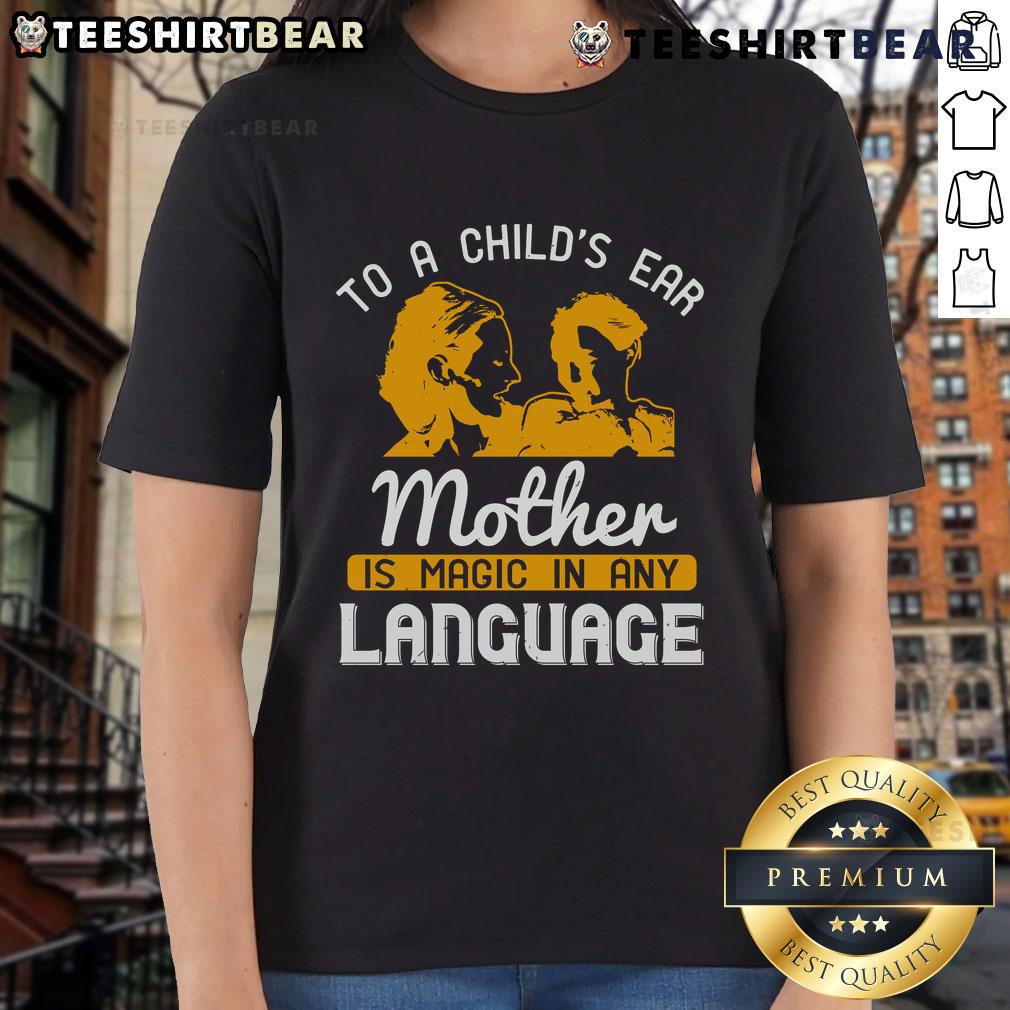 Happy mother and child sharing a magical moment, showcasing 'Magic in Any Language' ladies tee design.
