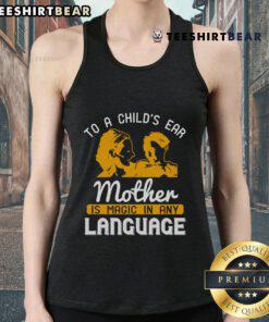 Happy child listening to mother, wearing 'Magic in Any Language' tank top, showcasing love and connection in family.