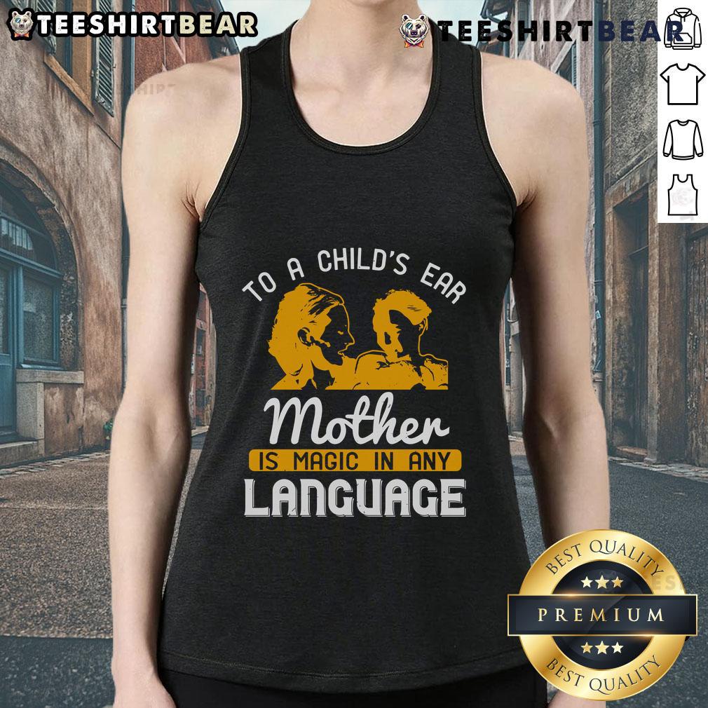 Happy child listening to mother, wearing 'Magic in Any Language' tank top, showcasing love and connection in family.