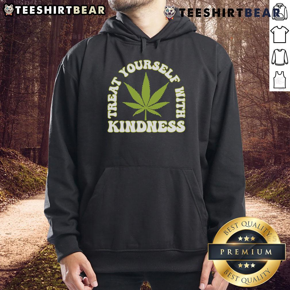 Happy Treat Yourself With Kindness Cannabis Leaf Hoodie in vibrant colors, perfect for cannabis enthusiasts and self-care lovers.