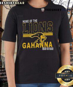 Hot home of the Lions Gahanna Hear Us Roar ladies tee shirt displayed on a wooden background, showcasing vibrant design.