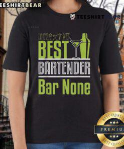 Neon green cocktail shaker and martini glass on a ladies tee, featuring 'Best Bartender Bar None' design.