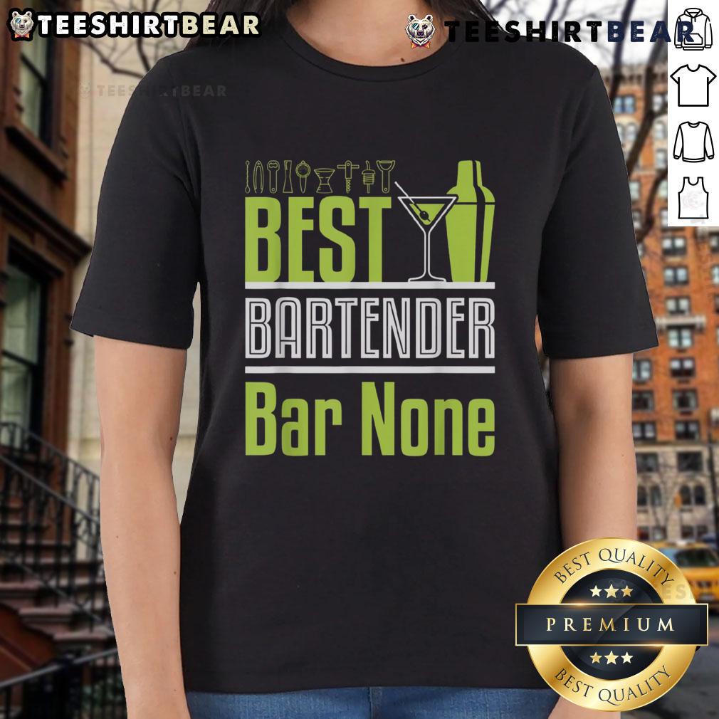 Neon green cocktail shaker and martini glass on a ladies tee, featuring 'Best Bartender Bar None' design.