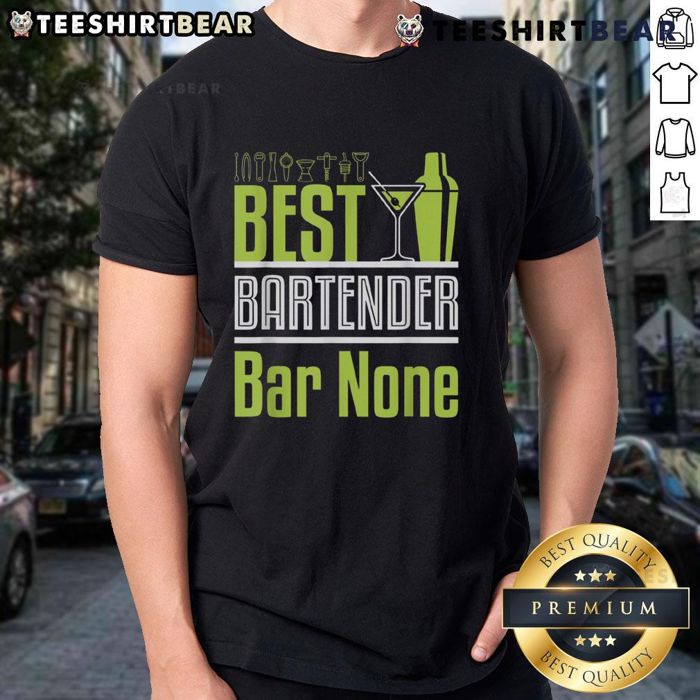 Nice Best Bartender Bar None neon green cocktail shaker & martini glass T-shirt design for cocktail lovers.