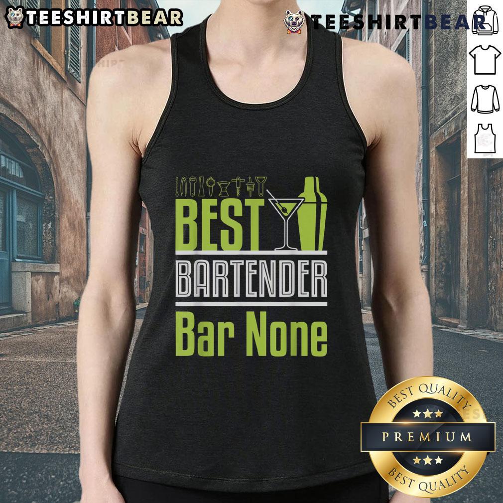 Neon green cocktail shaker and martini glass on a tank top, featuring 'Nice Best Bartender Bar None' design.
