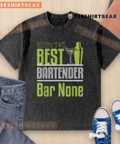 Neon green cocktail shaker and martini glass on a washed t-shirt, showcasing the Nice Best Bartender Bar None design.