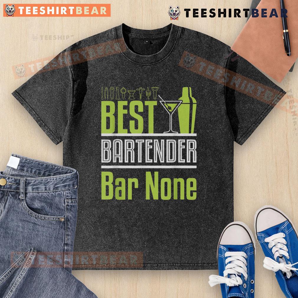 Neon green cocktail shaker and martini glass on a washed t-shirt, showcasing the Nice Best Bartender Bar None design.