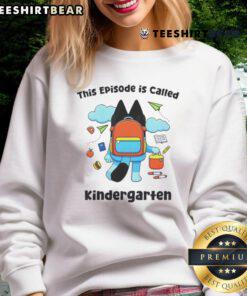 Child wearing a blue sweatshirt titled 'Kindergarten' from Bluey, perfect for back-to-school season.