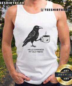 Stylish Crow Coffee tank top featuring 'Hello Darkness My Old Friend' design, perfect for casual wear and coffee lovers.