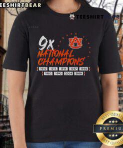 Alt Text: Auburn Tigers football logo on a ladies tee celebrating nine-time national champions, perfect for fans.