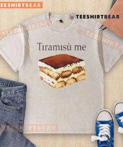 Delicious tiramisu served on a plate, with me wearing a washed t-shirt, enjoying this classic Italian dessert.