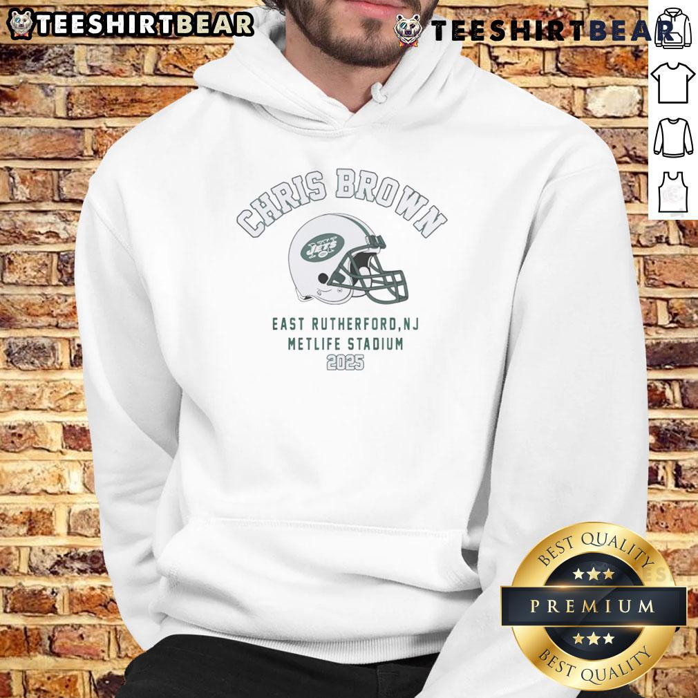 Official Chris Brown Breezy Bowl XX Tour 2025 New York Jets hoodie featuring vibrant design and team logo.