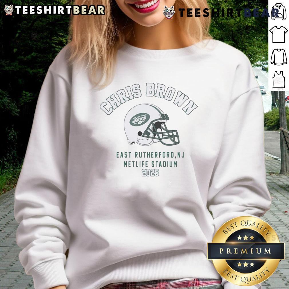 Alt Text: Official Chris Brown Breezy Bowl XX Tour 2025 New York Jets sweatshirt featuring vibrant graphics and team colors.