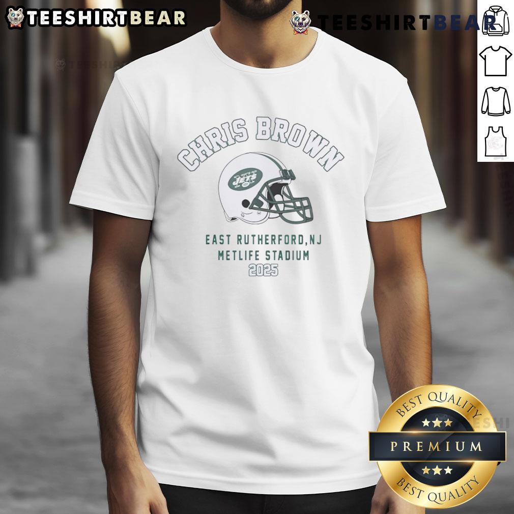 Official Chris Brown Breezy Bowl XX Tour 2025 New York Jets T-Shirt featuring vibrant graphics and team colors.