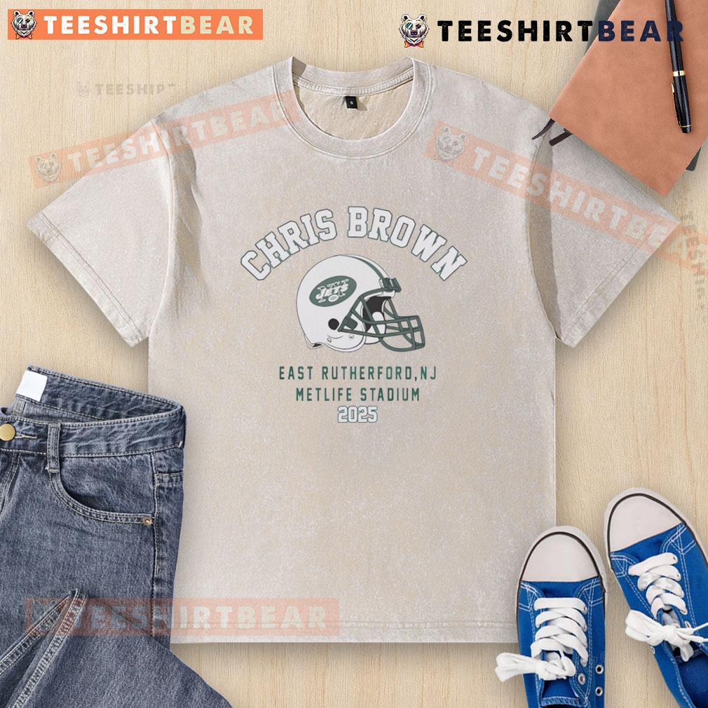Alt Text: Official Chris Brown Breezy Bowl XX Tour 2025 New York Jets washed t-shirt featuring vibrant graphics and comfortable fit.