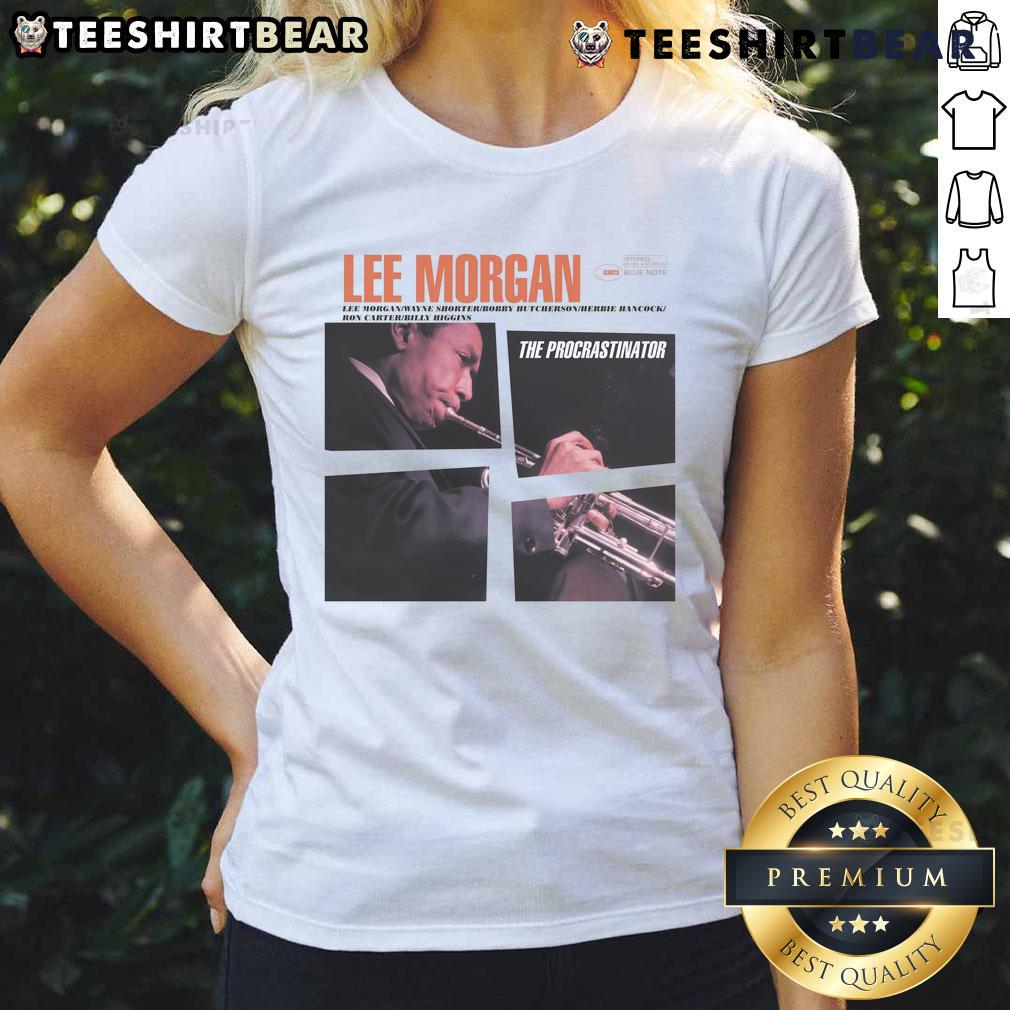 Alt Text: Official Lee Morgan The Procrastinator album cover on a stylish ladies tee, showcasing vibrant artwork and design.