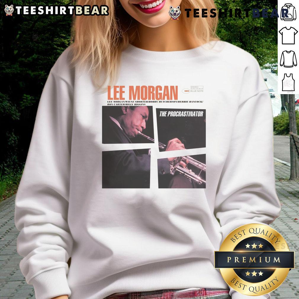 Alt Text: Official Lee Morgan The Procrastinator album cover sweatshirt featuring vibrant artwork and stylish design.