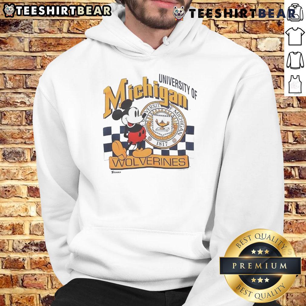 Alt Text: Vintage Mickey Mouse University of Michigan Wolverines hoodie featuring iconic character and school colors.