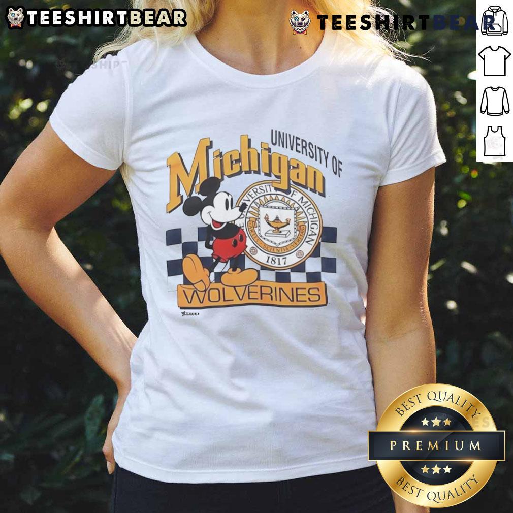 Official Mickey Mouse University of Michigan Wolverines vintage ladies tee featuring classic logo design and stylish fit.