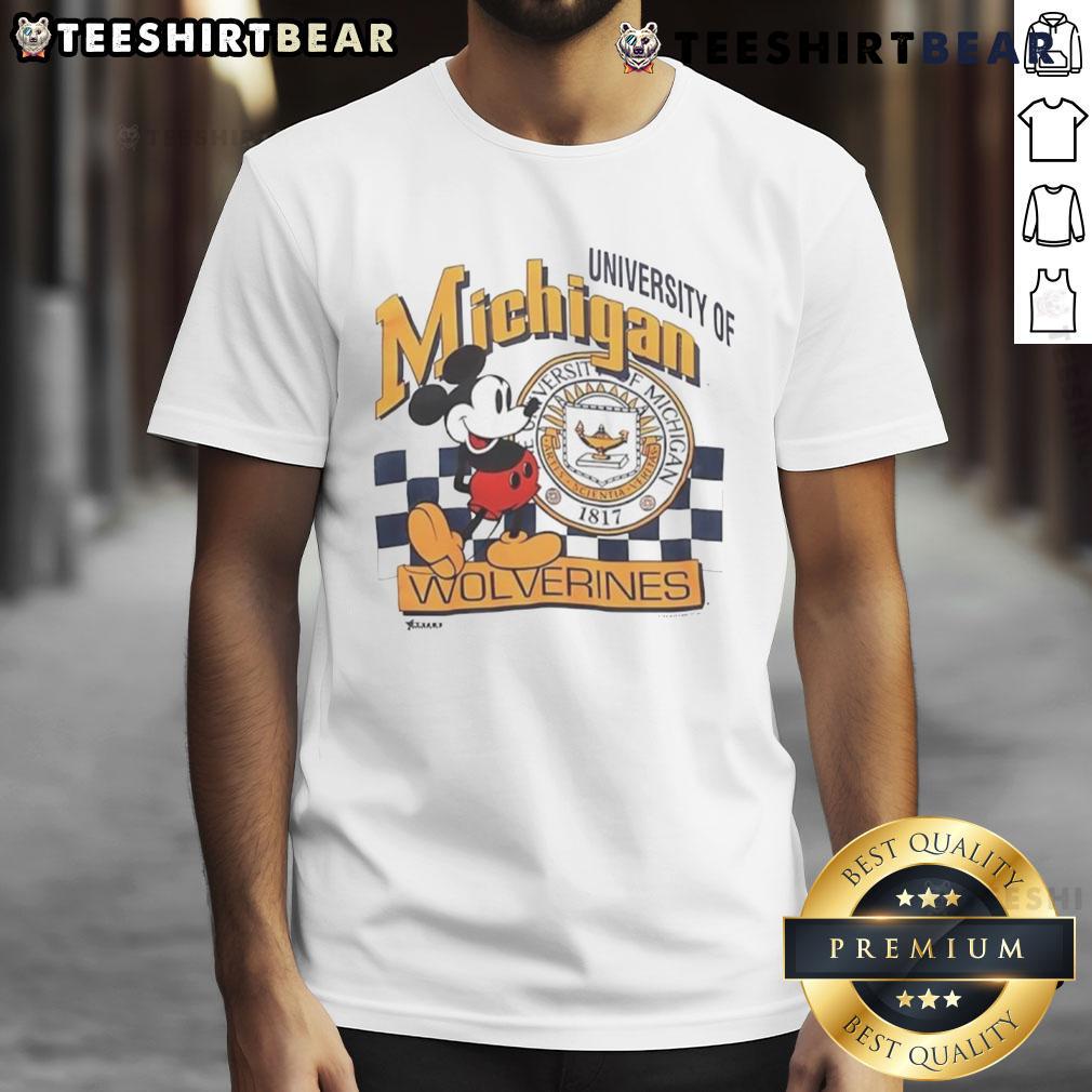 Alt Text: Vintage Mickey Mouse University of Michigan Wolverines T-shirt featuring iconic design and college colors.
