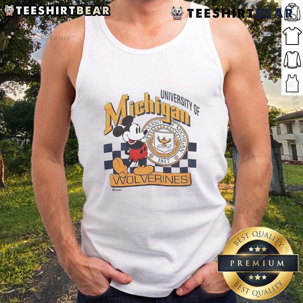 Official Mickey Mouse University of Michigan Wolverines vintage tank top featuring iconic Disney and college branding.